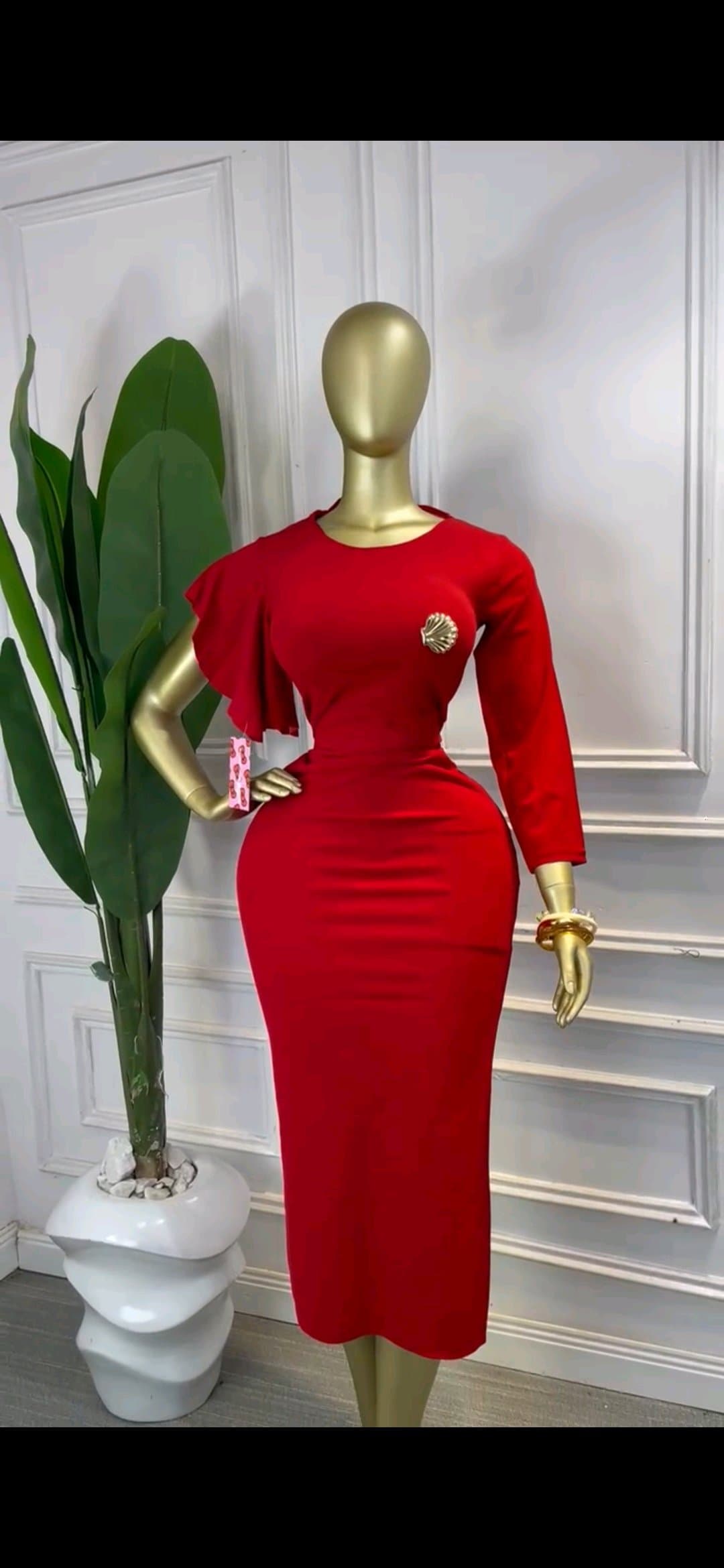 Red Bodycon Midi with One-Side Ruffle