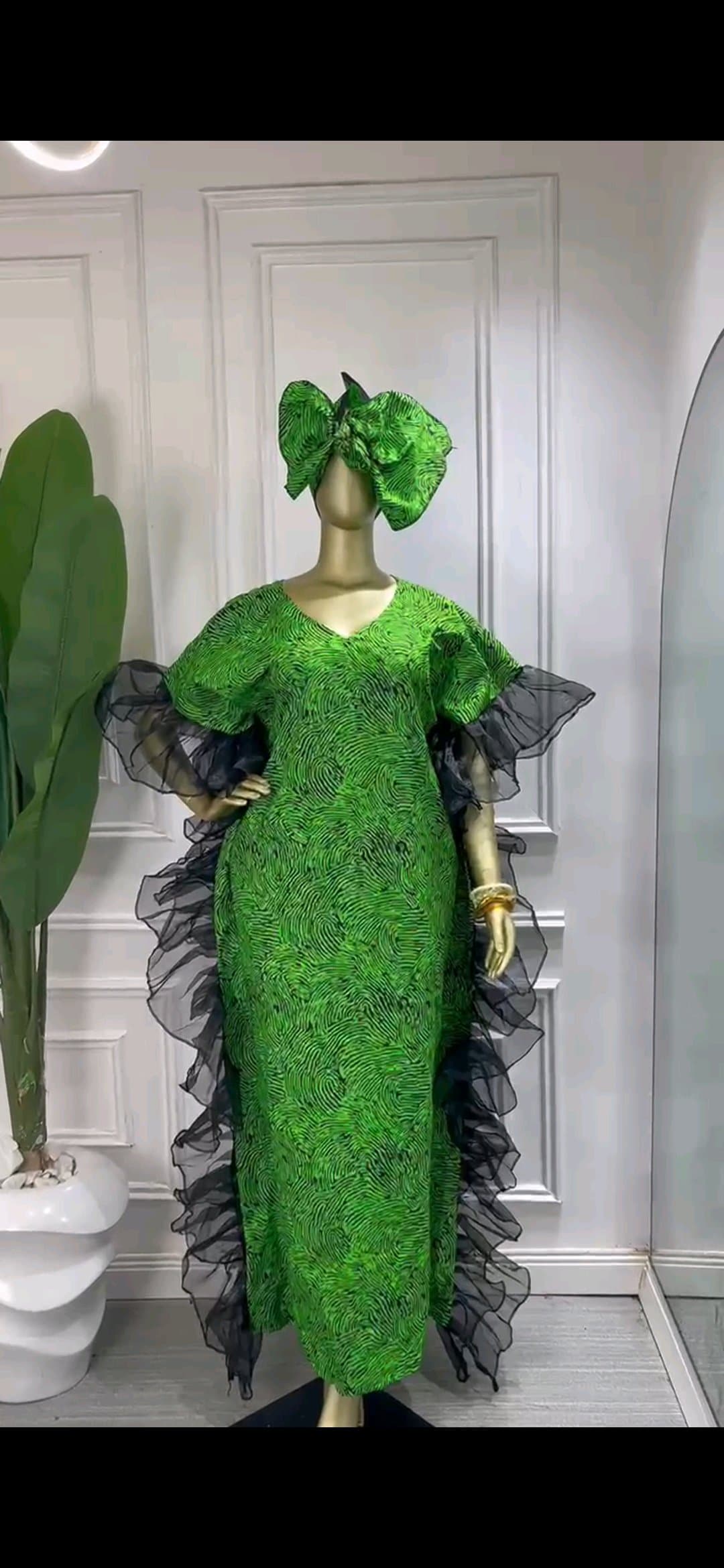 Green Ankara Kaftan Maxi with Black Ruffle Sides + Headwrap*