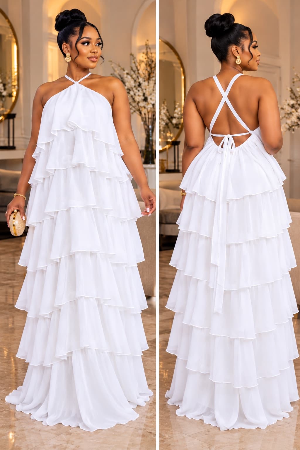 HALTER NECK CROSS BACK TIERED RUFFLE CHIFFON MAXI DRESS