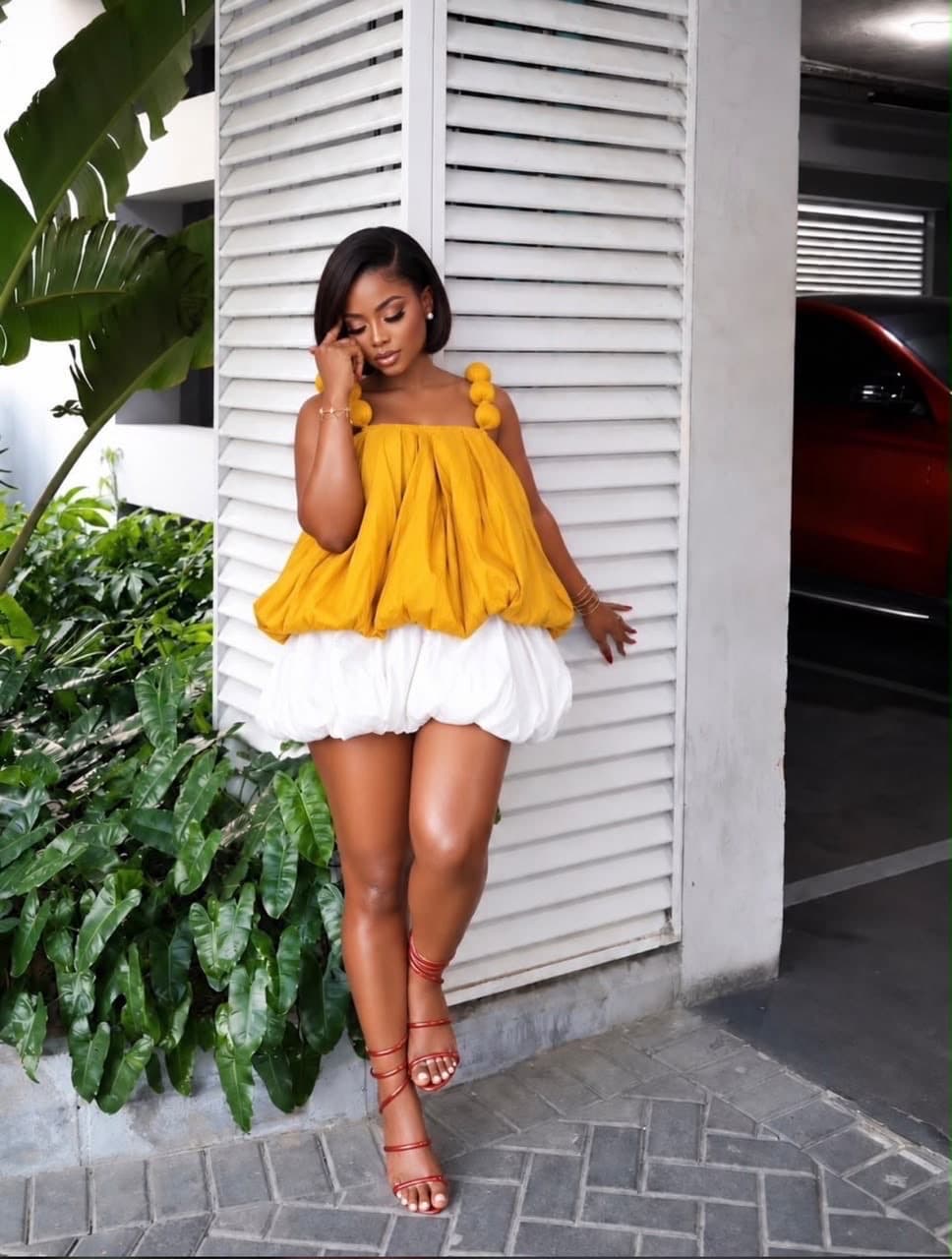 BALL STRAP VOLUMINOUS BUBBLE HEM CONTRAST TWO-TONE MINI DRESS AVAILABLE IN MUSTARD/WHITE