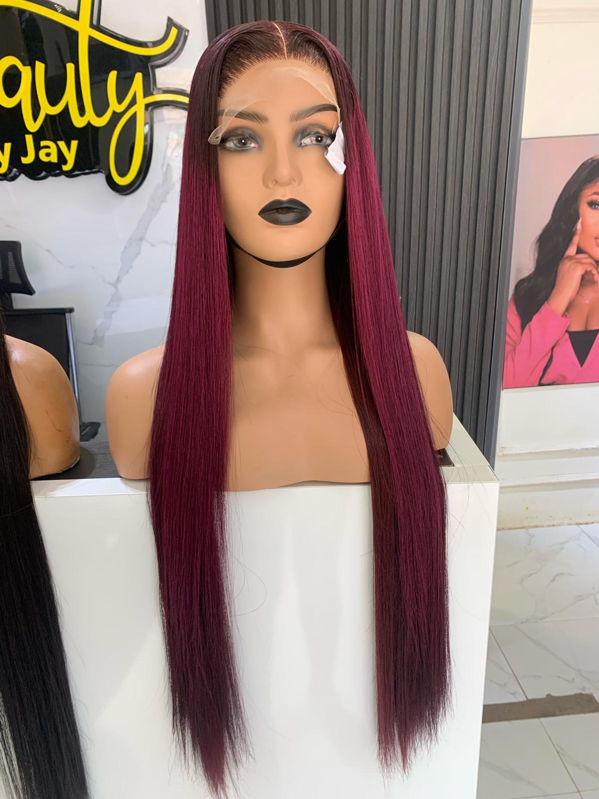 Luxury Burgundy Bone Straight Human Hair Wig – 30 Inches