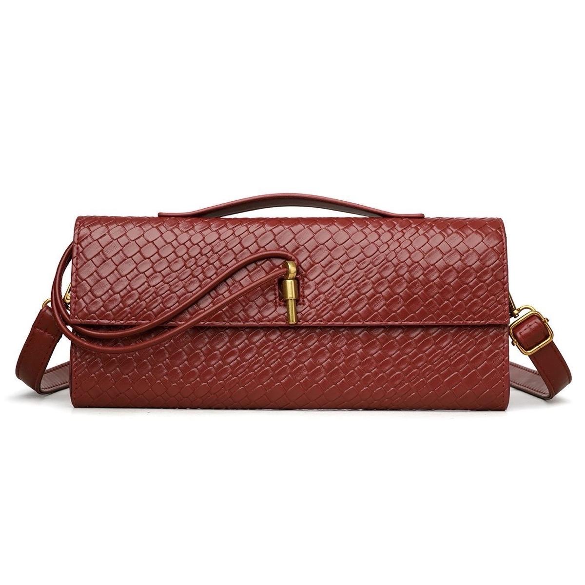 Burgundy Faux Crocodile Envelope Clutch with Crossbody Strap