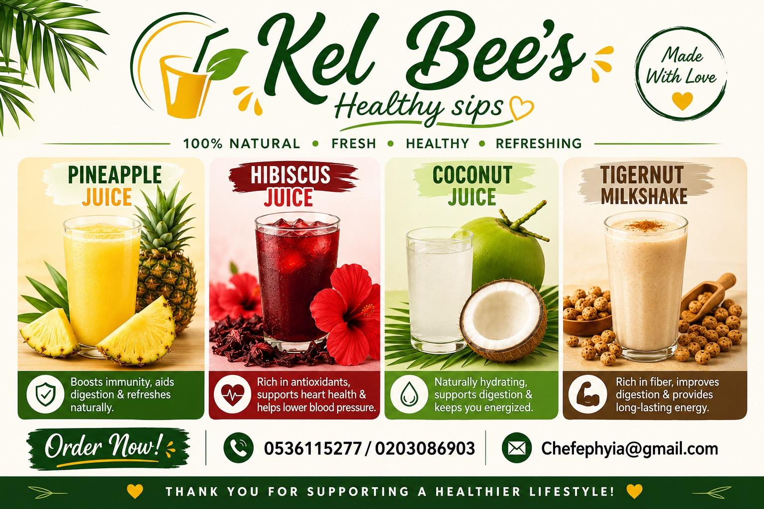 Tigernut Drink, Coconut Milkshake, Pineapple Juice and Hibiscus Juice