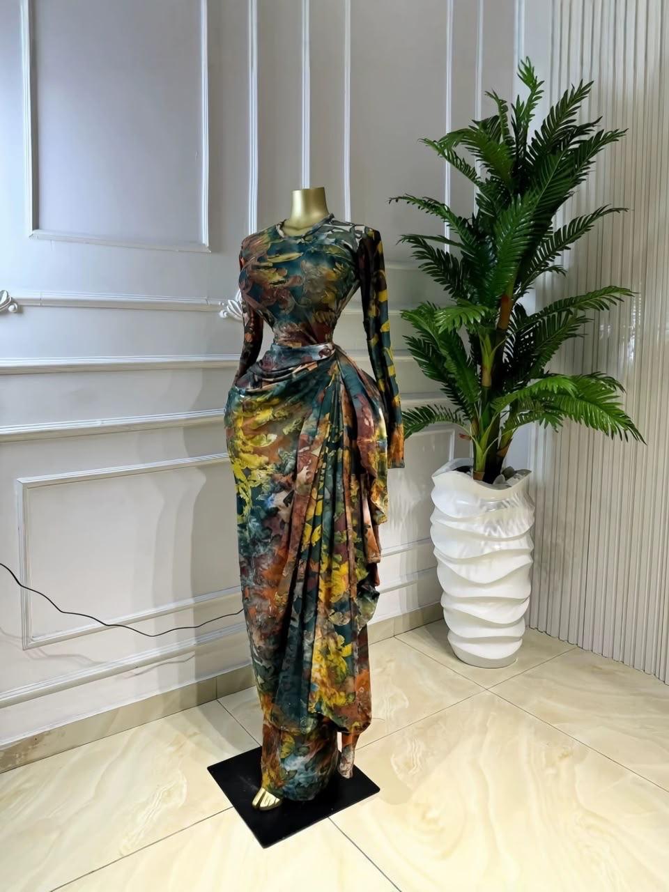 DRAPED COWL MESH MAXI DRESS WITH ASYMMETRICAL WRAP SKIRT