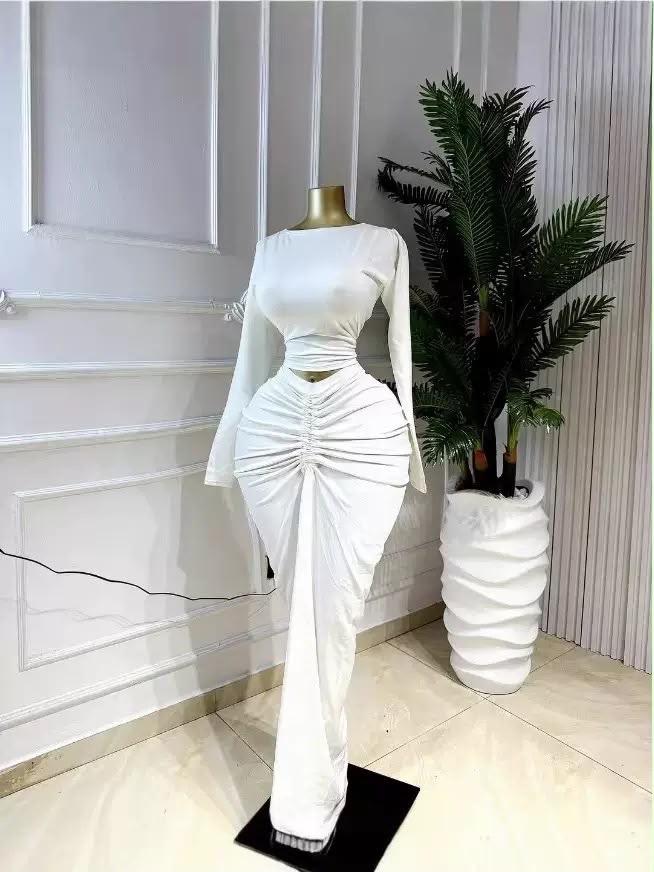 RUCHED TWO-PIECE MAXI SKIRT SET WITH LONG SLEEVE CROP TO