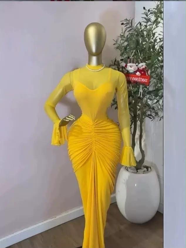 RUCHE MESH MAXI DRESS WITH BELL SLEEVES AND SHEER HIGHER NECK LINE