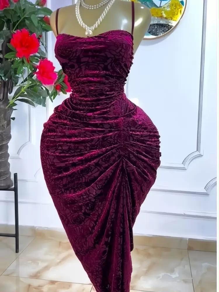 BURNOUT VELVET RUCHED SPAGHETTI STRAP MAXI DRESS