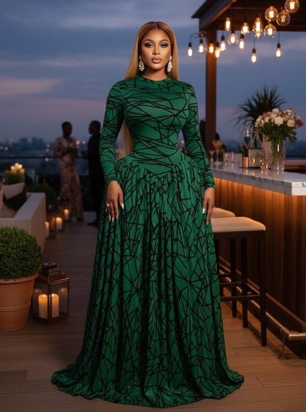 GEOMETRIC FLOCCULENT PRINT HIGH-NECK MESH MAXI DRESS WITH A-LINE PLEATED SKIRT