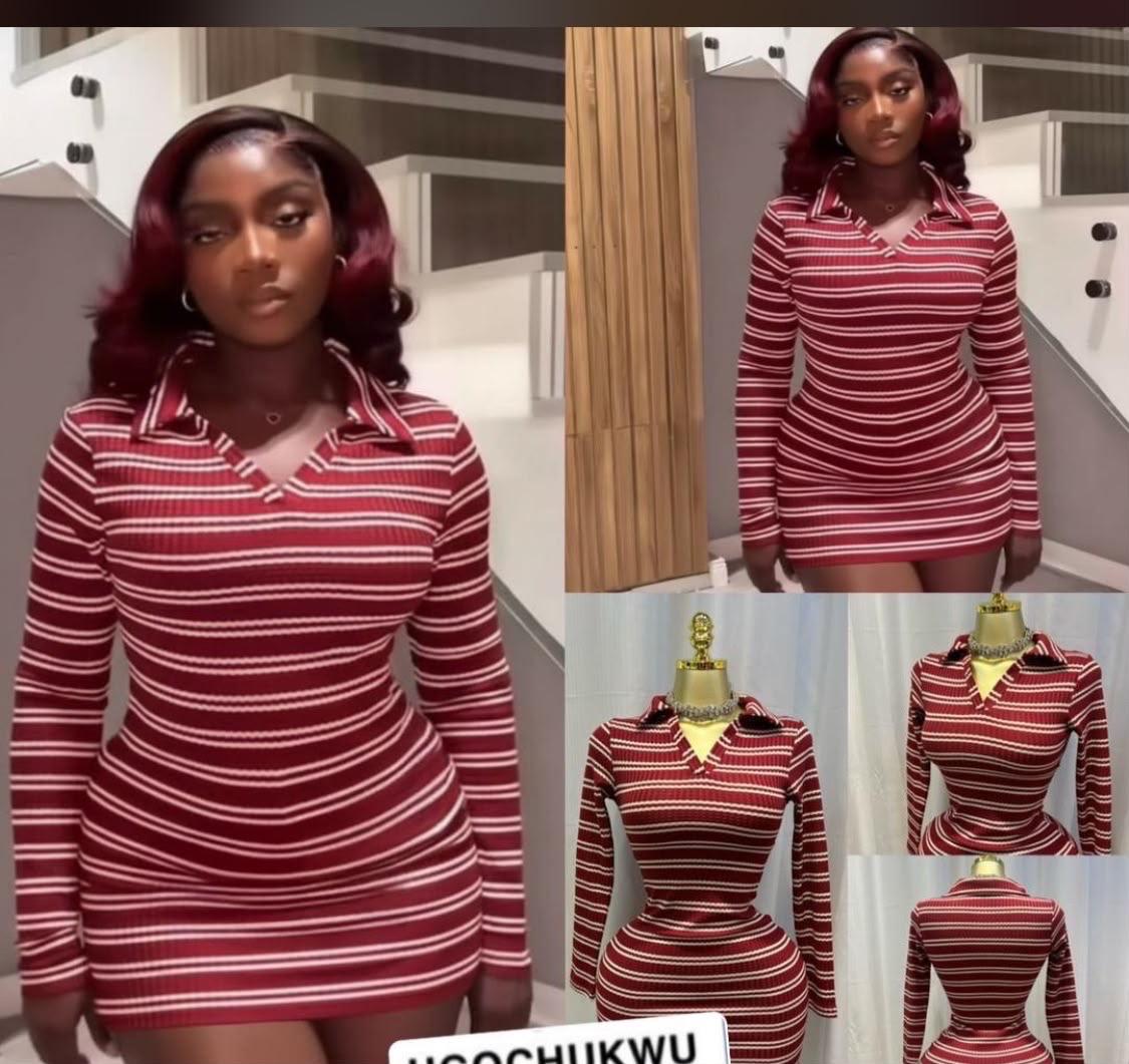 LONG-SLEEVE STRIPED RIB-KNIT POLO MINI DRESS