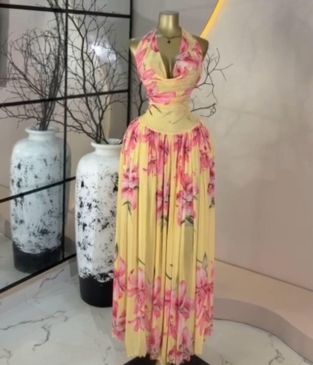 FLORAL PRINT HALTER NECK A-LINE MESH MAXI DRESS