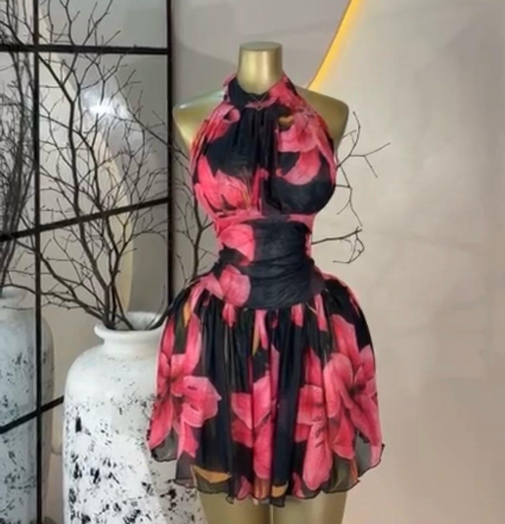 FLORAL PRINT HALTER NECK A-LINE MINI MESH DRESS