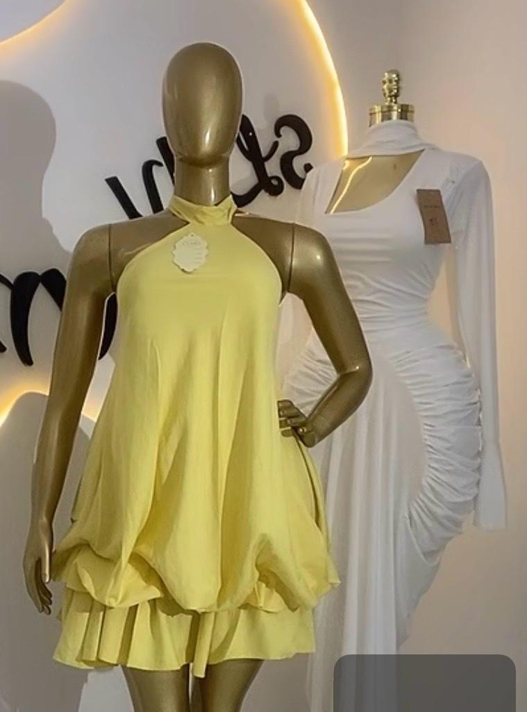 HALTER NECK BUBBLE HEM MINI DRESS