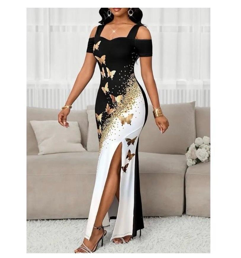 Gukbis Women's Elegant Color-Blocked Butterfly PrintOff-Shoulder Slit Dress