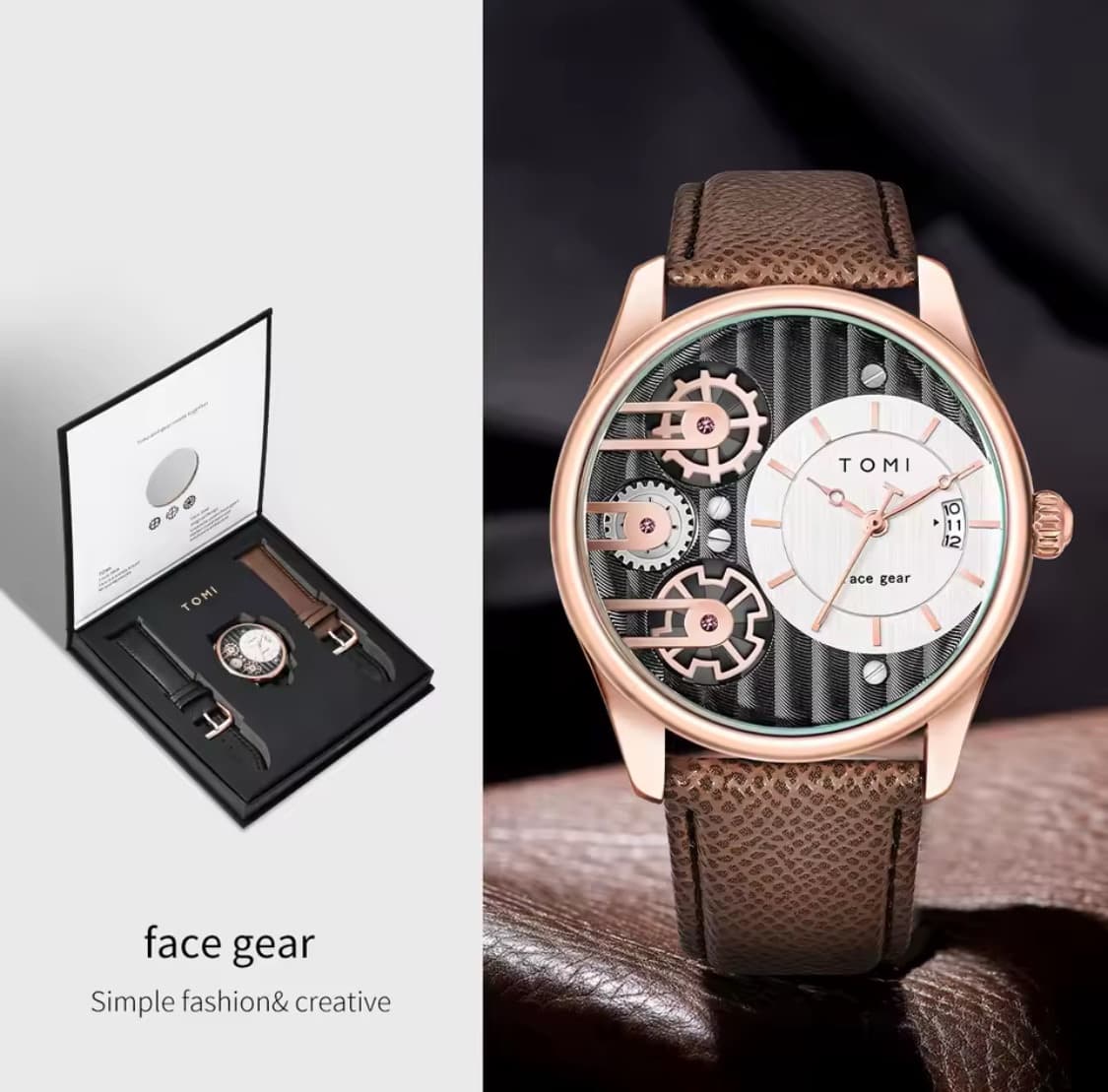 TOMI Mens Leather Watch with Double Straps