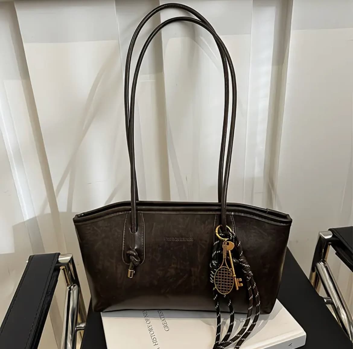 Retro East-West Tote Bag with Tennis Racket Charm
